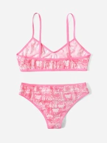 ROMWE Kawaii Cartoon Print Ringer Lingerie Set