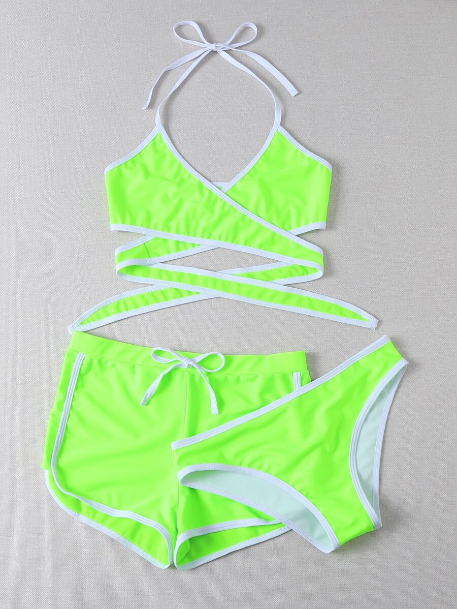 3packs Neon Lime Contrast Binding Halter Bikini Set Bathing Suit Summer Beach - Green - View 1
