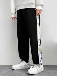 Manfinity Campus Court Men Cartoon Graphic Contrast Side Seam Joggers - Black - View 3