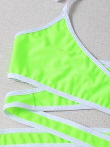 3packs Neon Lime Contrast Binding Halter Bikini Set Bathing Suit Summer Beach - Green - View 4