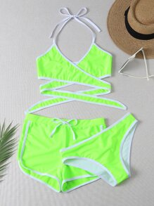 3packs Neon Lime Contrast Binding Halter Bikini Set Bathing Suit Summer Beach - Green - View 5