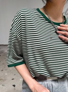 DAZY Striped Print Drop Shoulder Tee - Green - View 1