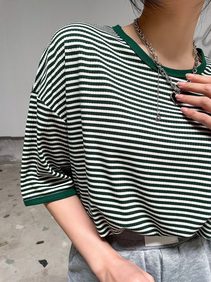 DAZY Striped Print Drop Shoulder Tee - Green - View 1