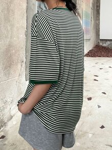 DAZY Striped Print Drop Shoulder Tee - Green - View 3