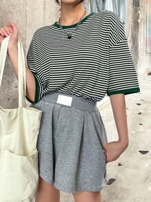 DAZY Striped Print Drop Shoulder Tee - Green - View 4