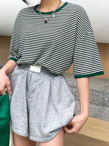 DAZY Striped Print Drop Shoulder Tee - Green - View 6