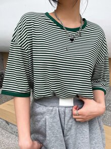 DAZY Striped Print Drop Shoulder Tee - Green - View 7