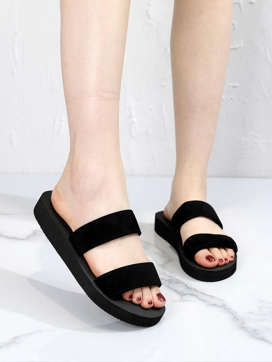 極簡風格雙帶拖鞋 - 黑色 - 查看 1