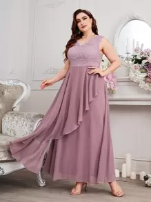 SHEIN Belle Talla grande Vestido de dama de honor con encaje en contraste ribete con fruncido de gasa - Rosa vieja - Ver 3