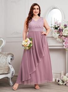 SHEIN Belle Talla grande Vestido de dama de honor con encaje en contraste ribete con fruncido de gasa - Rosa vieja - Ver 5