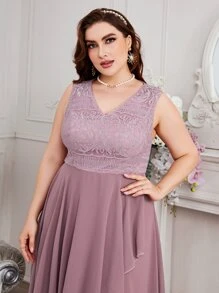 SHEIN Belle Talla grande Vestido de dama de honor con encaje en contraste ribete con fruncido de gasa - Rosa vieja - Ver 6