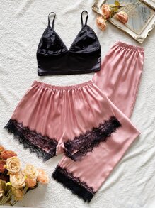 3pcs Lace Trim Satin PJ Set