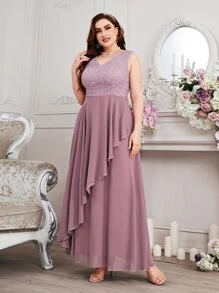 SHEIN Belle Talla grande Vestido de dama de honor con encaje en contraste ribete con fruncido de gasa - Rosa vieja - Ver 1