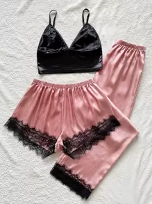 3pcs Lace Trim Satin PJ Set