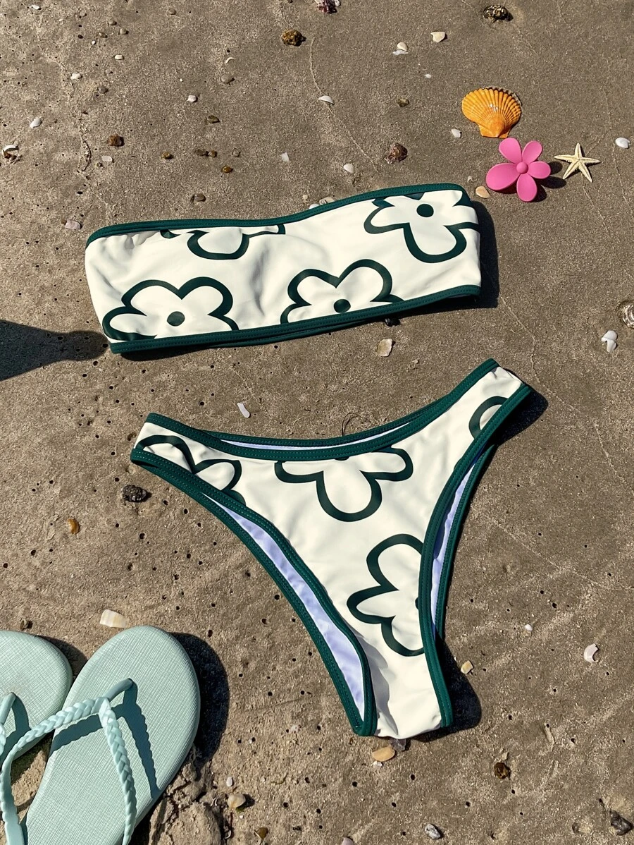 Swim Mod Summer Beach Floral Print Contrast Binding Bandeau Bikini - Multicolor - View 1