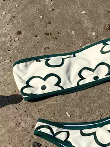 Swim Mod Summer Beach Floral Print Contrast Binding Bandeau Bikini - Multicolor - View 3