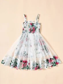 SHEIN 小女童印花打褶網紗拼接吊帶連衣裙 - 白色 - 查看 2