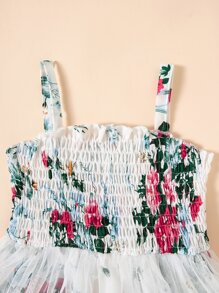 SHEIN 小女童印花打褶網紗拼接吊帶連衣裙 - 白色 - 查看 3