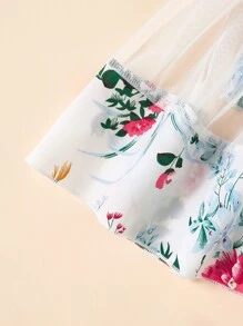 SHEIN 小女童印花打褶網紗拼接吊帶連衣裙 - 白色 - 查看 4