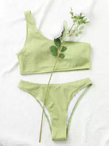 Swim Mod Conjunto de bikini con textura Top de un hombro y traje de baño de 2 piezas con bottom atrevida - verde menta - Ver 3