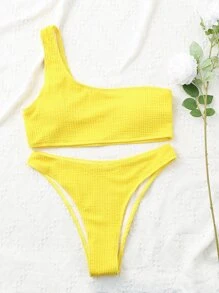 Conjunto de bikini con un solo hombro texturizado, para vacaciones de verano en la playa - Amarillo - Ver 3