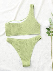 Swim Mod Conjunto de bikini con textura Top de un hombro y traje de baño de 2 piezas con bottom atrevida - verde menta - Ver 4