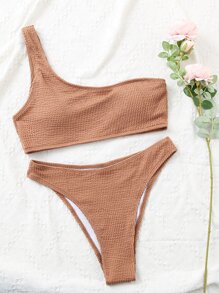 Bikini asimétrico de cuello texturizado, para vacaciones en la playa de verano - Albaricoque - Ver 3