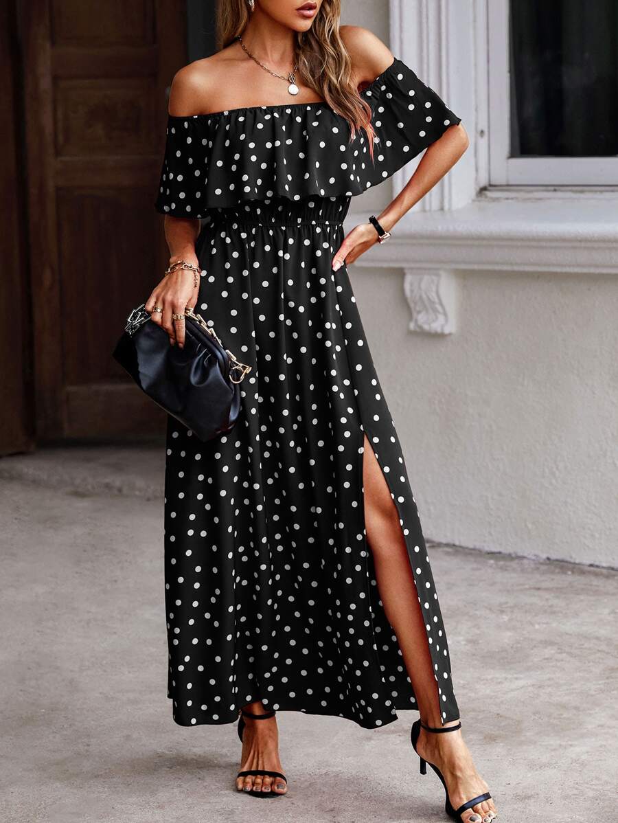 SHEIN VCAY Polka Dot Print Bardot Ruffle Trim Split Thigh Dress - Black - View 1