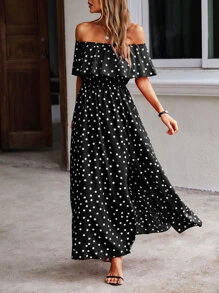 SHEIN VCAY Polka Dot Print Bardot Ruffle Trim Split Thigh Dress - Black - View 5