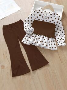 小女童波點圖案荷葉袖上衣和下擺開叉喇叭褲 - 彩色 - 查看 1