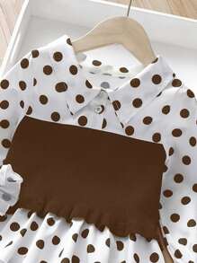 小女童波點圖案荷葉袖上衣和下擺開叉喇叭褲 - 彩色 - 查看 3