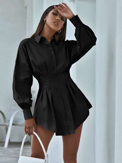 قميص نسائي بياقة أزرار أمامية وخصر منضد وكتف منخفض