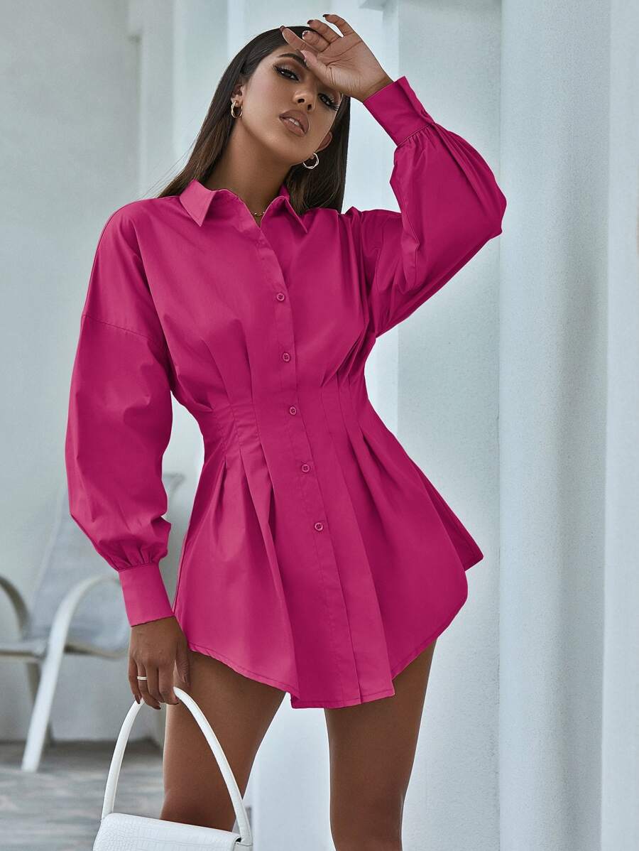 SHEIN Essnce Button Front Pleated Waist Drop Shoulder Shirt - Hot Pink - View 1