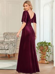 EVERPRETTY Đầm dạ hội cổ chữ V sâu tay bèo nhún - Màu Đỏ Sâu - Xem 3