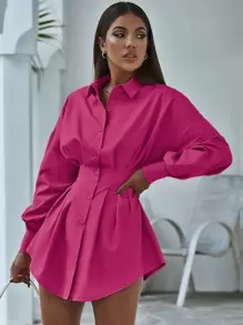 SHEIN Essnce Button Front Pleated Waist Drop Shoulder Shirt - Hot Pink - View 3