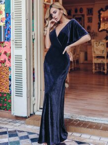 EVERPRETTY Ruffle Sleeve Deep V-Neck Dress For Party Elegant Formal Evening Prom Wedding Guest Gown, For Graduation, Dinner - Navy Blue - View 2