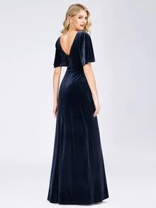 EVERPRETTY Ruffle Sleeve Deep V-Neck Dress For Party Elegant Formal Evening Prom Wedding Guest Gown, For Graduation, Dinner - Navy Blue - View 3