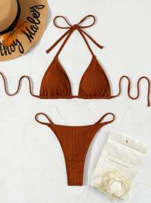 Conjunto de bikini triangular de cuello halter liso, para playa y vacaciones de verano - Naranja Quemada - Ver 4