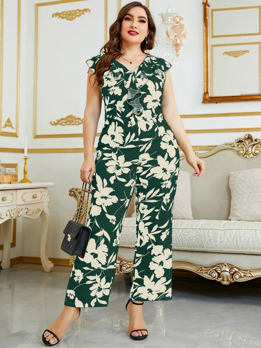 SHEIN LUNE 大碼印花荷葉邊連身褲 - 彩色 - 查看 1