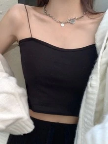 纯色露脐吊带背心，休闲黑色夏季款 - 黑色 - 查看 3