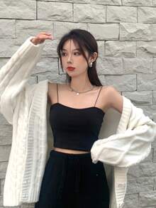 纯色露脐吊带背心，休闲黑色夏季款 - 黑色 - 查看 5