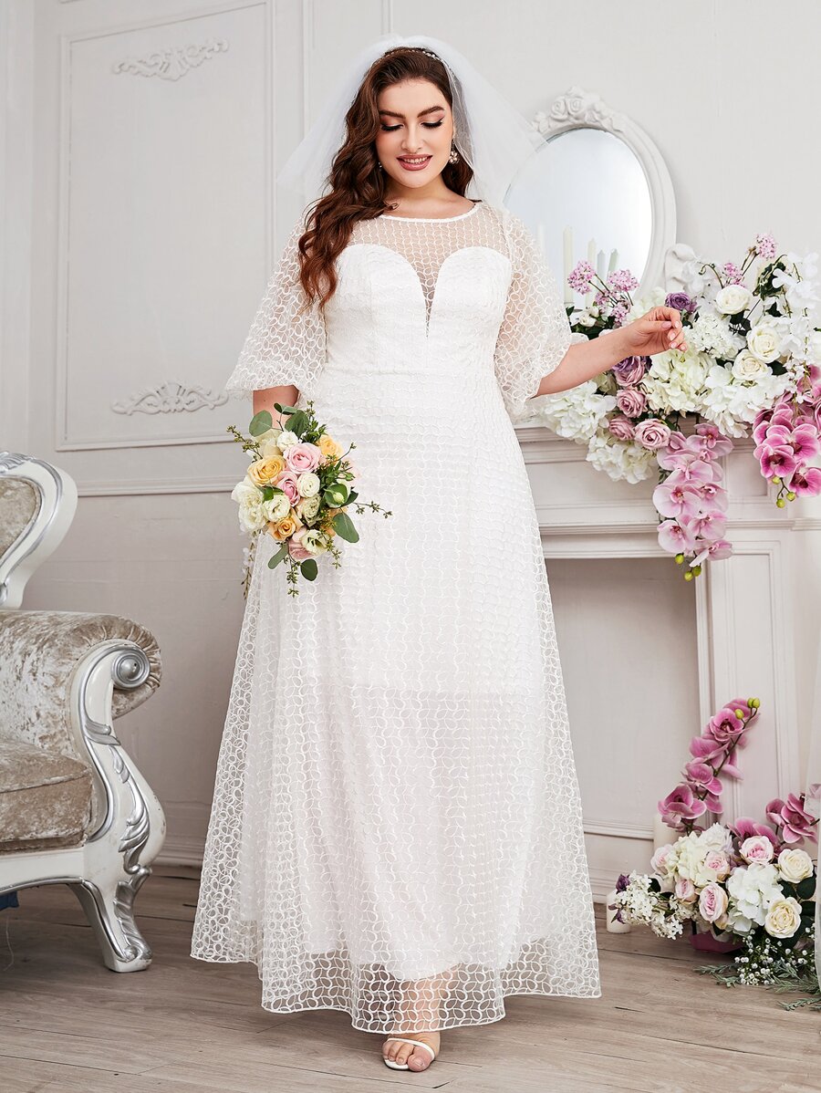 SHEIN Belle 大碼燈籠袖網紗婚紗洋裝不附面紗