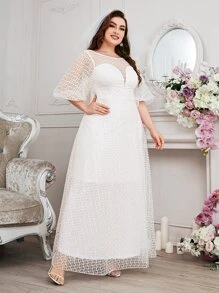 SHEIN Belle 大碼燈籠袖網紗婚紗洋裝不附面紗