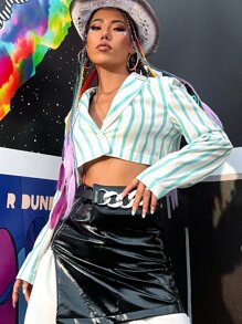 SHEIN Unity 豎條紋單釦短版西裝 - 藍白色 - 查看 5