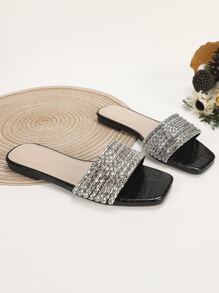 Rhinestone Detail Flat Slide Sandals - Black - View 3