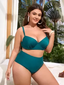 Plus Size Ruched Push Up Bikini Set Summer Beach - Teal Blue - View 1