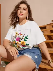 Dreamara 大码花卉印花落肩 T 恤生活 - 白色 - 查看 1