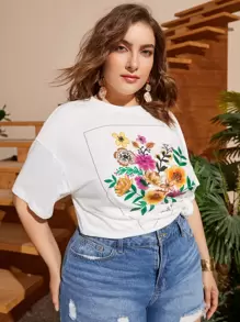 Dreamara 大码花卉印花落肩 T 恤生活 - 白色 - 查看 3