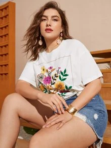 Dreamara 大码花卉印花落肩 T 恤生活 - 白色 - 查看 4