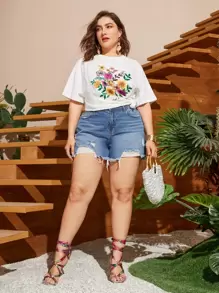 Dreamara 大码花卉印花落肩 T 恤生活 - 白色 - 查看 5